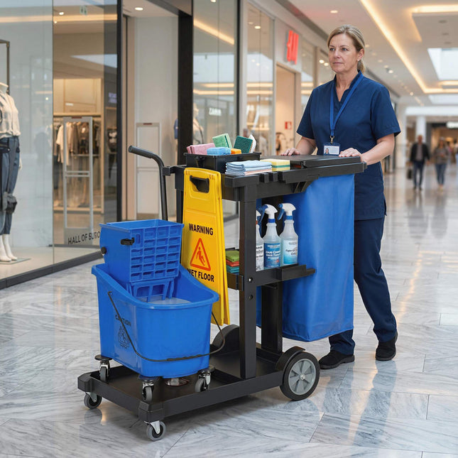 Úklidový vozík se 3 policemi, 70L vak, kbelík na mop, modrá