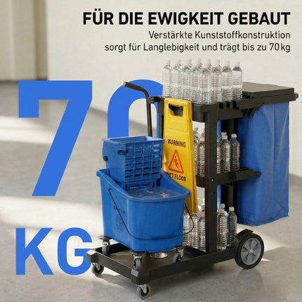 Úklidový vozík se 3 policemi, 70L vak, kbelík na mop, modrá