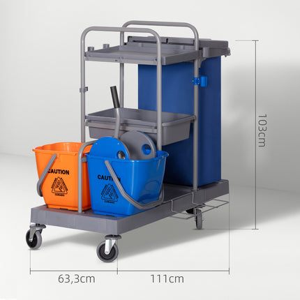 Úklidový vozík s ždímačem mopu, 3patrový, 2x18L kbelíky