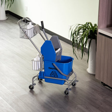 Cleaning trolley with press, 26L bucket + storage basket