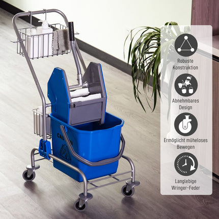 Cleaning trolley with press, 26L bucket + storage basket