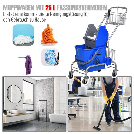 Cleaning trolley with press, 26L bucket + storage basket