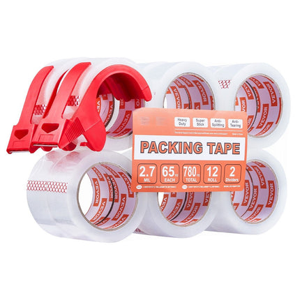 Clear Packing Tape 12 Rolls, 1.88 In x 65 Yd, Dispensers
