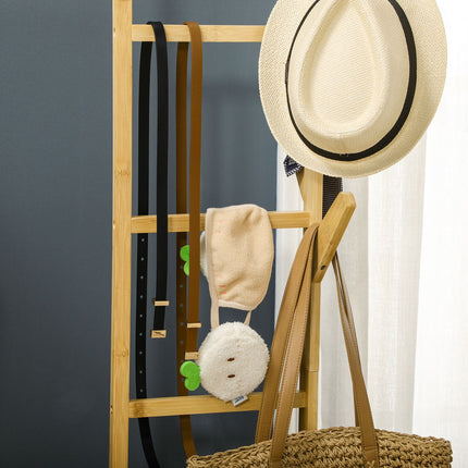 Bambusový stojan na oblečení na kolečkách s policí a háčky