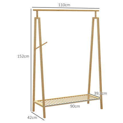 Bambusový stojan na oblečení s háčky a policí na boty, přírodní povrch
