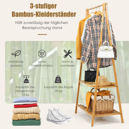 Clothes rack made of bamboo with 2 shelves. Space-saving coat rack, natural