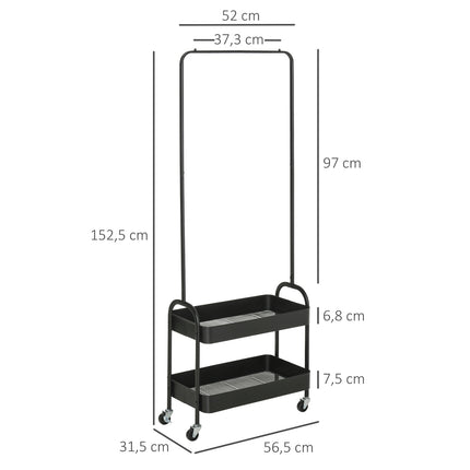 Regál na oděvy a boty ocelový na kolečkách, nosnost 16 kg, černá