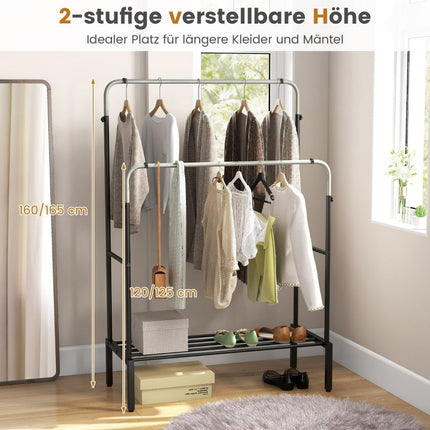 Clothes rack with 2 clothes rails double coat rack with adjustable heights black + silver