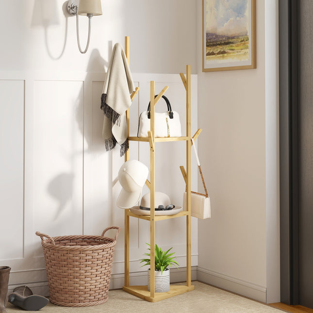 Kapstok, kledingrek met 8 haken, 3 niveaus, jackerstandaard voor hoeden, kleding, entree, hal, 45 x 45 x 170 cm, bamboe, natuurlijk | Aosoom