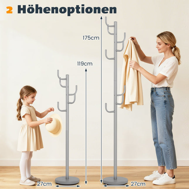 Stojanový věšák, 175 cm, 8 háčků, nastavitelná výška, stříbrný