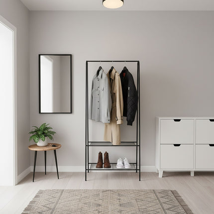 Věšák se 2 policemi – úsporný železný design