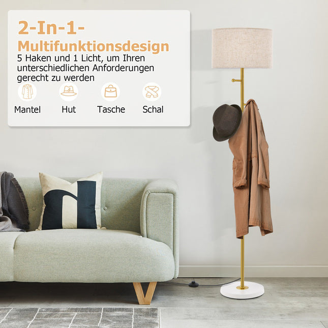 Stojací lampa s věšákem, 5 háčků, patice E27, nožní vypínač