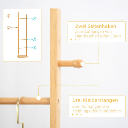 Natural bamboo coat hanger - 2 hooks, 3 rods, 36x24x168 cm