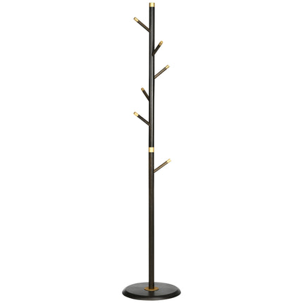 Stojanový kovový věšák na kabáty, 6 háčků, ořechová úprava, 180 cm