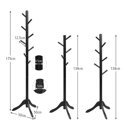 Věšák s 8 háčky, dřevěný stojan na oblečení, nastavitelná výška, 175 cm, černý