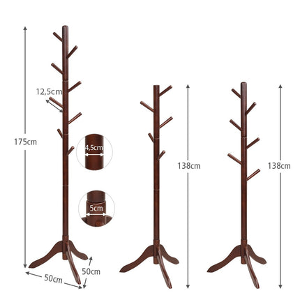 Věšák s 8 háčky, dřevěný stojan na oblečení, nastavitelná výška, 175 cm, hnědý