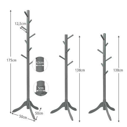 Garderobenständer mit 8 Haken, Kleiderständer aus Holz, höhenverstellbar, 175 cm, grau
