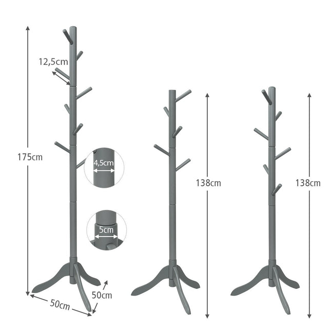 Věšák s 8 háčky, dřevěný stojan na oblečení, nastavitelná výška, 175 cm, šedý
