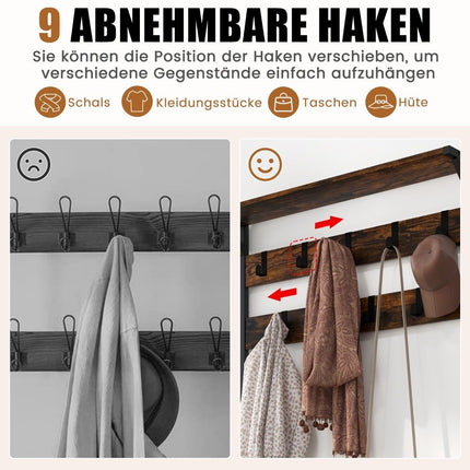 Coat stand with 9 hooks & shoe rack 3 levels coat rack industrial design brown
