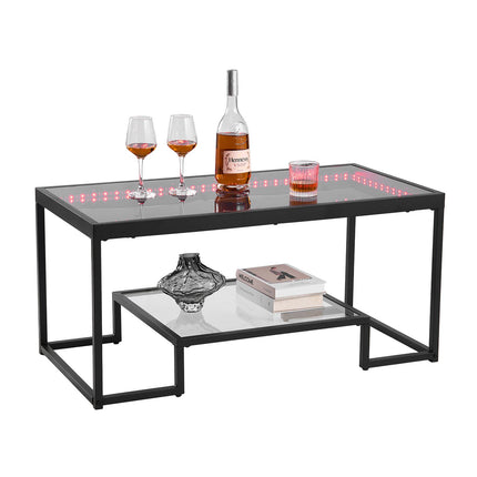 Coffee Table – 2-Tier Tempered Glass, LED Lighting