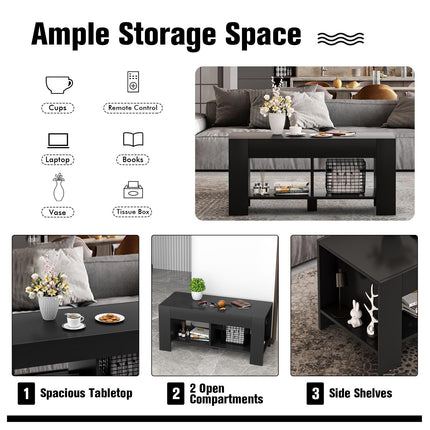 Coffee Table, 2-Tier Wood with Storage Shelf, Black