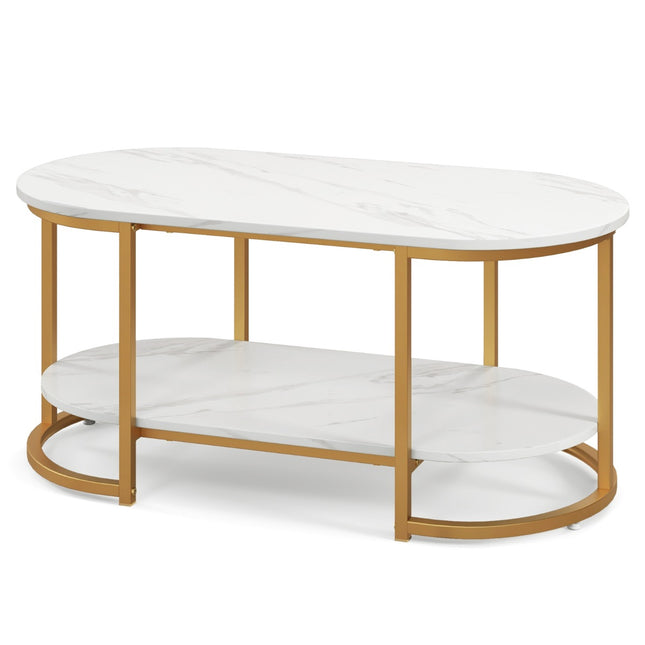 Salontafel met blad van imitatiemarmer en opbergplank met twee niveaus.