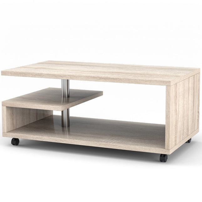 Salontafel met 2 planken, vergrendelbare wielen, 105x60cm