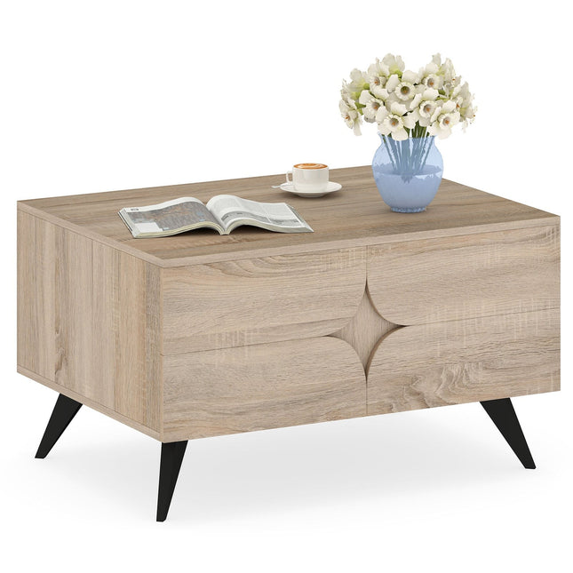 Salontafel met opbergruimte - 3 lades, open planken, eikenhout, 80x60x46 cm