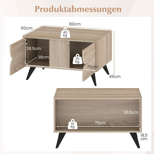 Salontafel met opbergruimte - 3 lades, open planken, eikenhout, 80x60x46 cm
