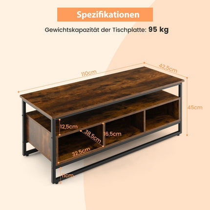 Konferenční stolek s úložným prostorem, industriální stolek s otevřenými policemi 110 x 42.5 x 45 cm rustikální hnědá