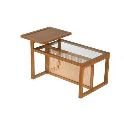 Coffee Table with Tempered Glass Top & Rattan Shelves