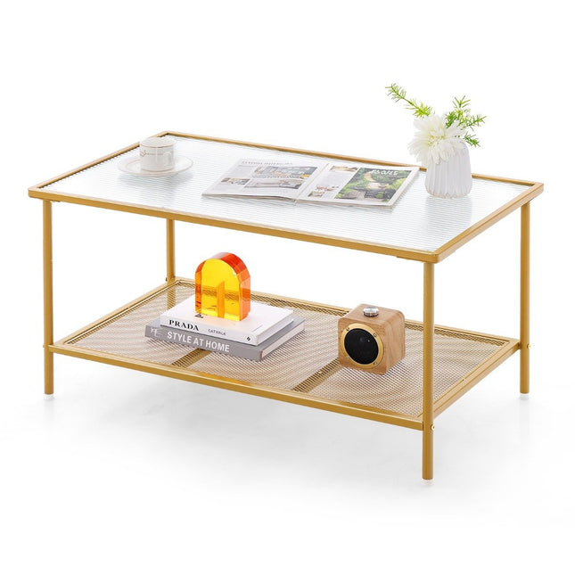 Salontafel glas glazen tafel met 2 niveaus woonkamertafel met gaasplank Goud 90 x 50 x 46 cm