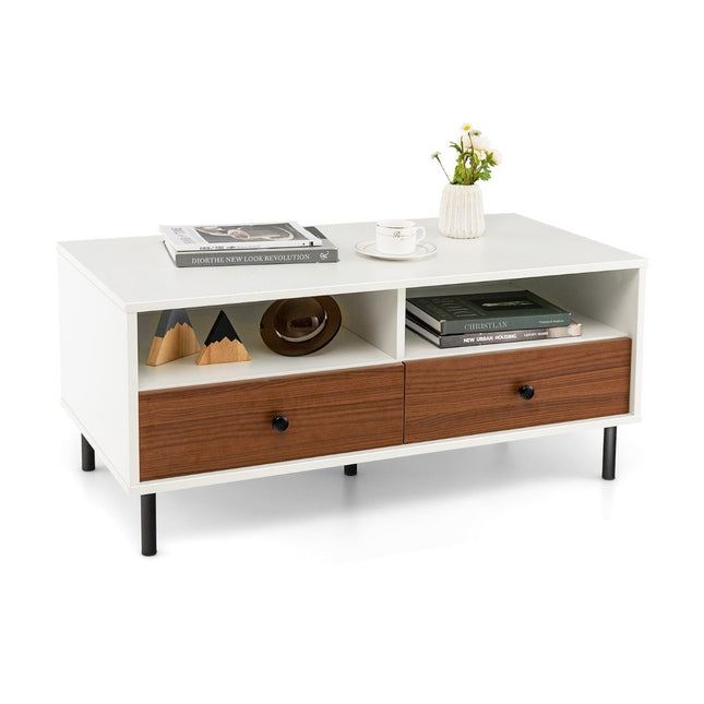 Salontafel met 2 lades en 2 planken. Rechthoekige salontafel met opbergruimte 95 x 48 x 45 cm.
