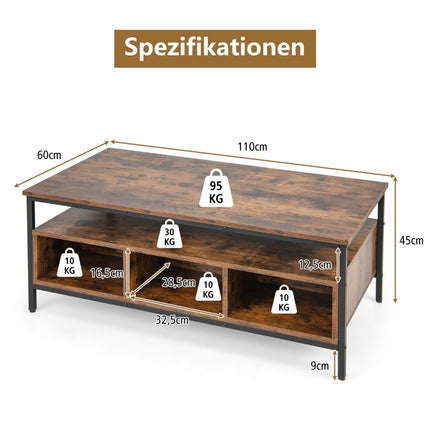 Dřevěný konferenční stolek se 3 úrovněmi a otevřenou policí 110 x 60 x 45 cm v industriálním stylu