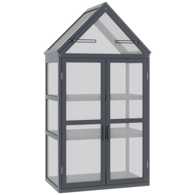 Mini greenhouse, 3-level wooden frame with hinged roof