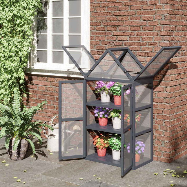 Mini greenhouse, 3-level wooden frame with hinged roof