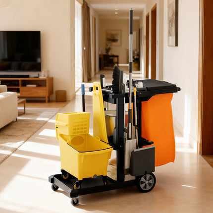 Commercial Cleaning Cart with 3 Shelves and Waste Bag