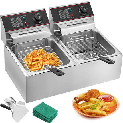 Commercial Double Deep Fryer 5000W, Dual Basket, Stainless Steel