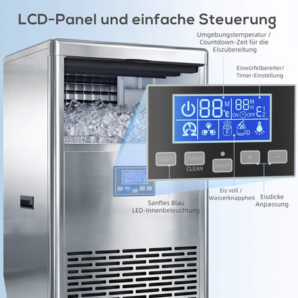 Profesionální výrobník ledu, 45kg/den, nerezová ocel, LCD panel