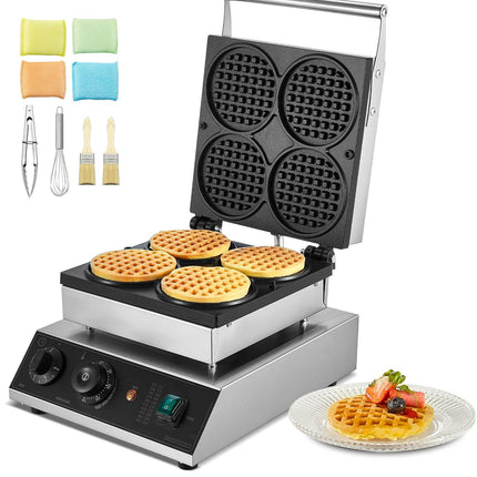 Commercial Waffle Maker, 4-Round, 1750W, Timer Control