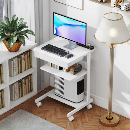 Compact Rolling Desk with Drawer & Shelves, White