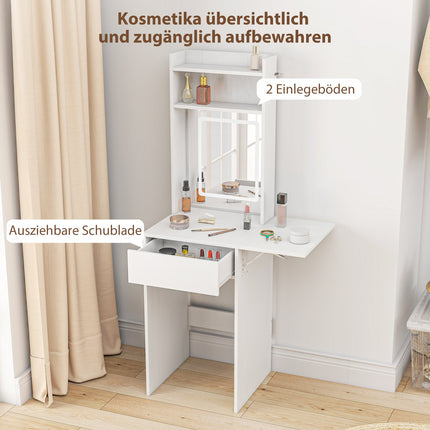 Kompaktní toaletní stolek se zrcadlem a LED osvětlením, sklopná deska, otevřené police, zásuvka, MDF, bílý