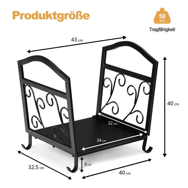 Kompaktní kovový stojan na dřevo se zvýšenými nožkami a elegantním vzorem, dekorativní stojan na polena, černý