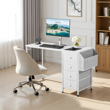 Computer Desk, 120 cm, 4 Fabric Drawers, Reversible, White