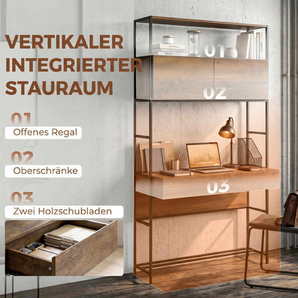Computer Desk With Shelves and 2 Drawers, Brown, 185 cm
