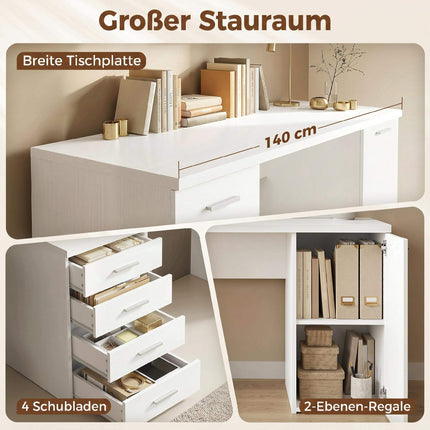 Computer Desk with 4 Drawers and Cabinet, 140 cm, White Wood