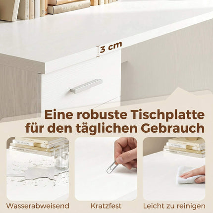 Computer Desk with 4 Drawers and Cabinet, 140 cm, White Wood