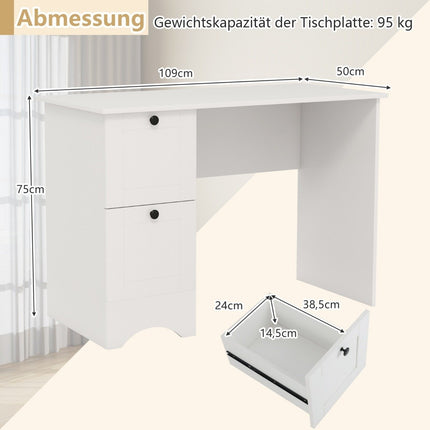 Computertisch mit 2 Schubladen, Schreibtisch, robuster Gaming-Tisch, Frisiertisch, Laptoptisch, weiß
