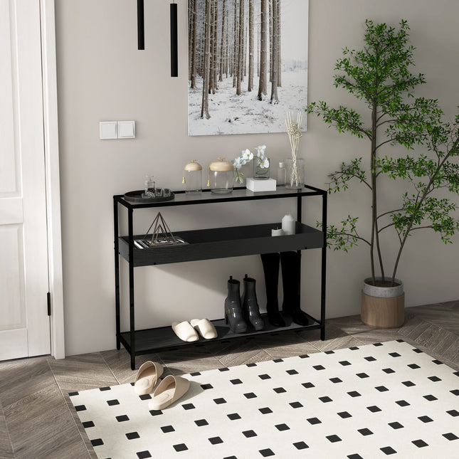 Černý ocelový konzolový stolek se skleněnou deskou a 2 policemi - 100x30x78 cm