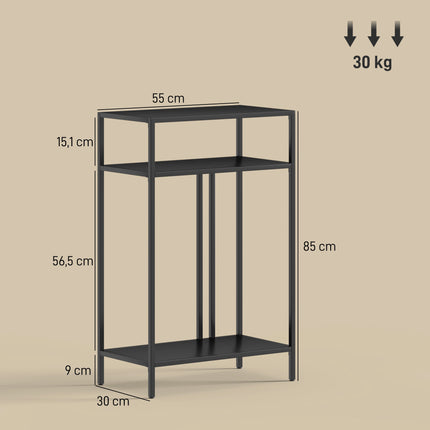 Konzolový stolek se 3 policemi, kovový rám, černý, 55 cm